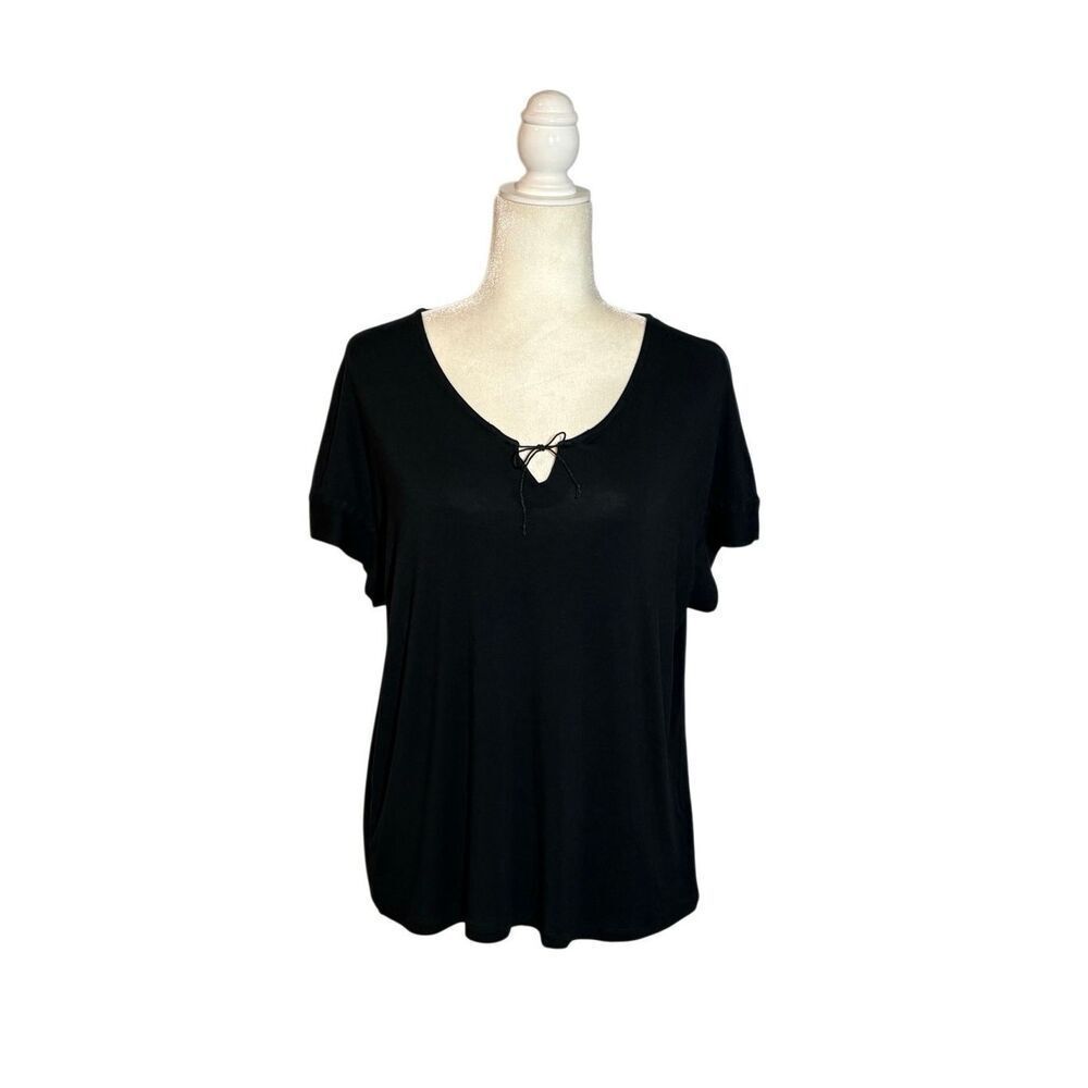 Brooks Brothers black short sleeve boat neck knit top with tie neck - M